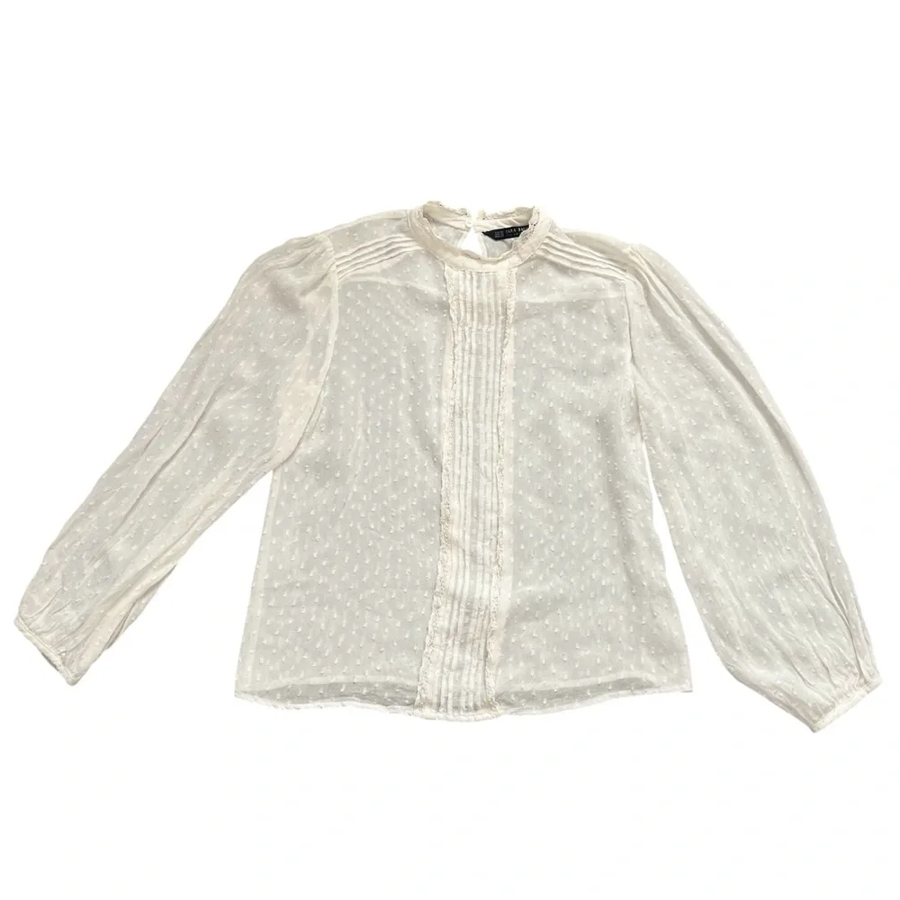 Zara Victorian Style Ivory Puff Sleeve Cowl Neck Sheer Lace Blouse Size XS